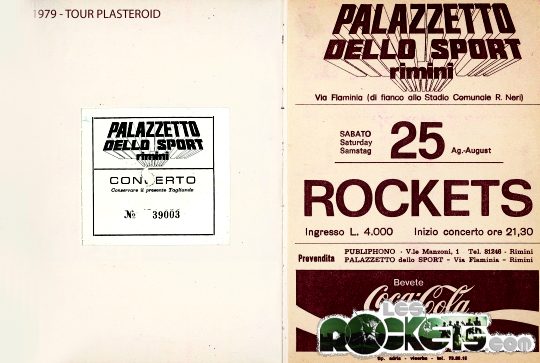 Pagina tratta dal diario dell'epoca di Daniele, con il biglietto d'ingresso al concerto al palazzetto dello sport di Rimini del 25 Agosto 1979 - © LesROCKETS.com