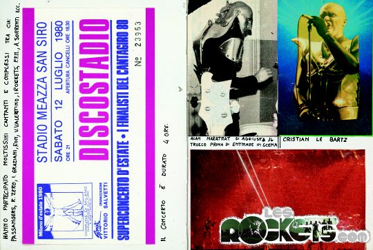 Pagina tratta dal diario dell'epoca di Daniele, con il biglietto d'ingresso allo Stadio Meazza di Milano relativo alla manifestazione Discostadio del 12 Luglio 1980 ed alcuni ritagli sulla band - © LesROCKETS.com