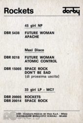 Cartolina pubblicitaria CGD del disco Rockets che pubblicizza il successivo LP dal titolo Space rock - © LesROCKETS.com
