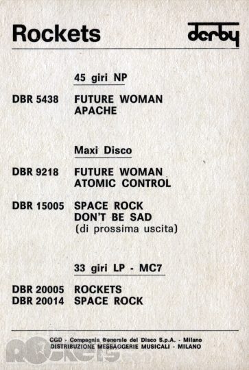 Cartolina pubblicitaria CGD del disco Rockets che pubblicizza il successivo LP dal titolo Space rock - © LesROCKETS.com