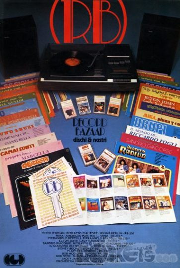 Pagina pubblicitaria della etichetta Record Bazaar, sussidiaria della CGD per la distribuzione di dischi e nastri in edizione economica (sono visibili LP e cassetta di Sound of the future) - © LesROCKETS.com